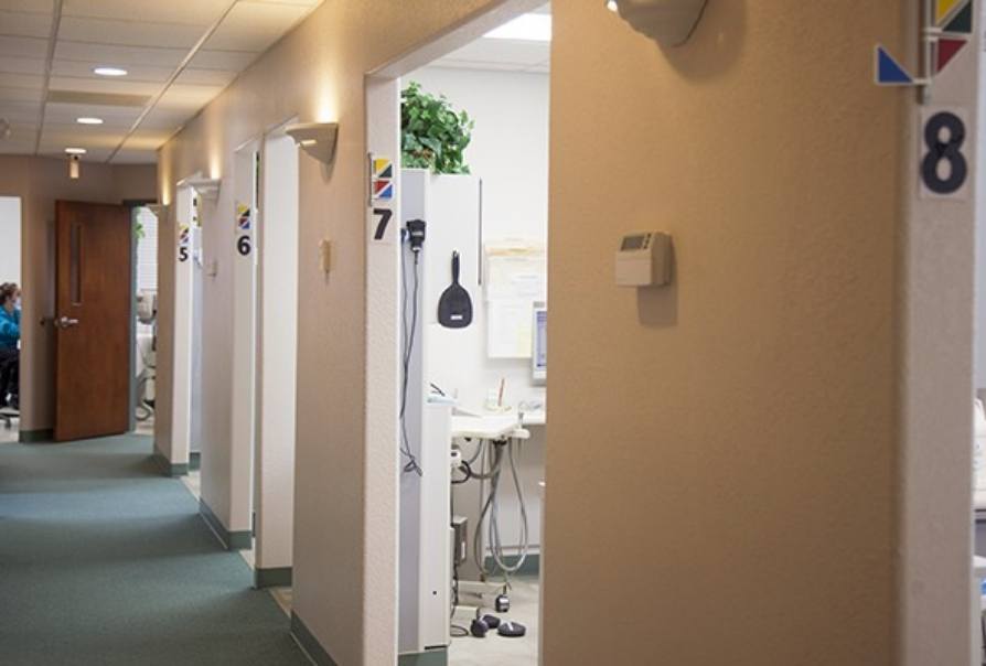 Hallway looking into dental exam rooms