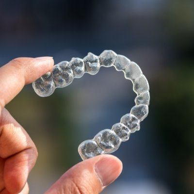 Dental technician holding up a newly manufactured Invisalign aligner